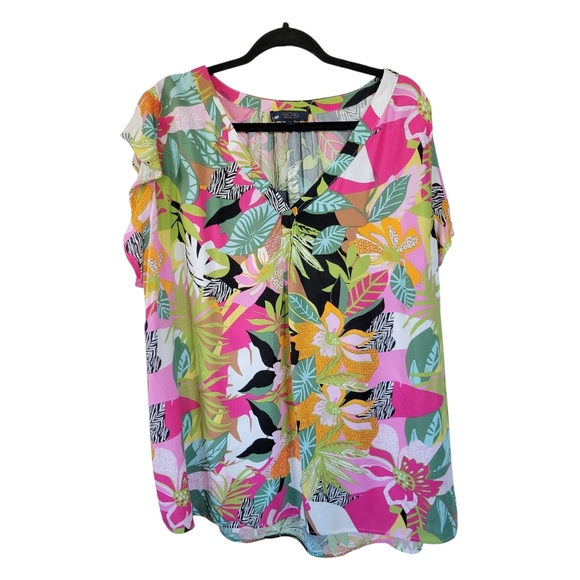 NWOT RACHEL Rachel Roy 2X Flutter Cap Sleeve Tropical Floral Tunic Pink Green - Picture 1 of 12